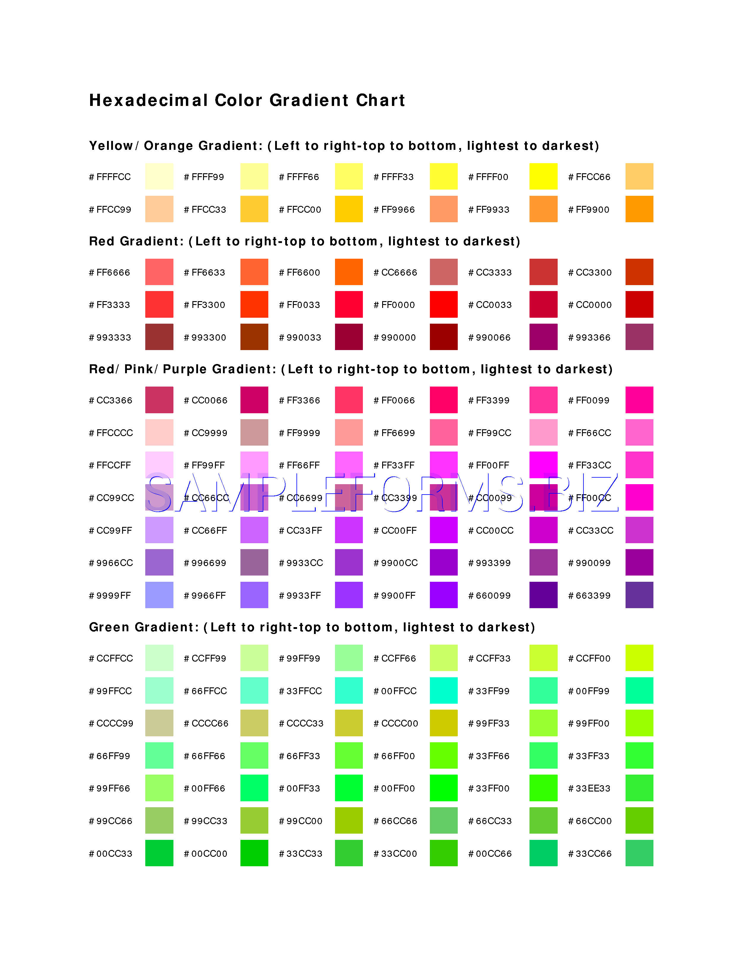 Preview free downloadable Hexadecimal Color Gradient Chart in PDF (page 1)